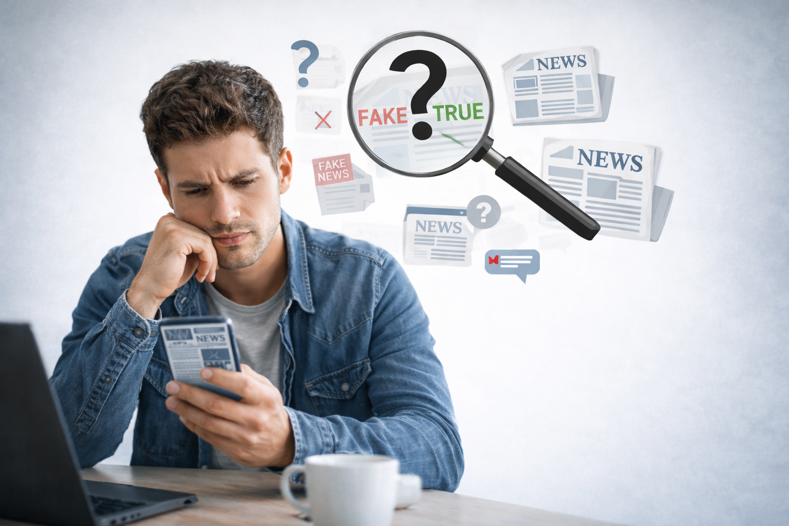 Home Person analyzing news on smartphone with fake and real information concept