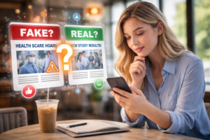 Woman analyzing fake and real news on smartphone to detect misinformation