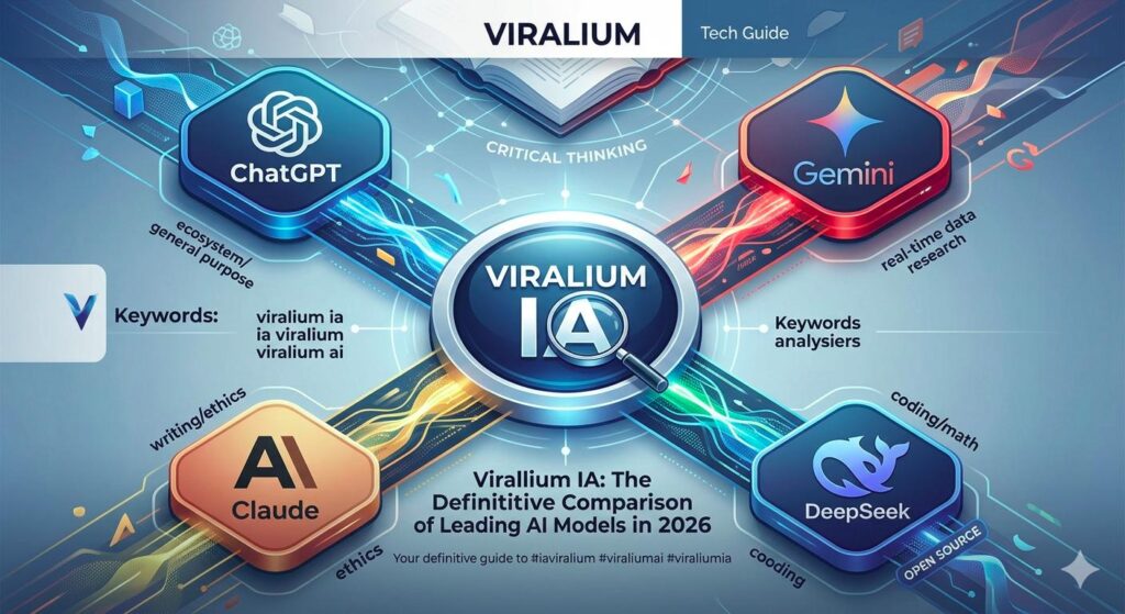 030. Viralium IA 2026 (ChatGPT, Gemini, Claude) Infographic comparing the AI models ChatGPT, Gemini, Claude, and DeepSeek, highlighting their key features and origins for the Viralium IA report.