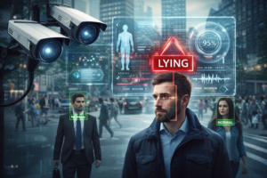 023. Can You Spot the Fake? A City Installs AI Cameras That Detect Lies AI surveillance cameras analyzing people in a city environment to detect lies concept